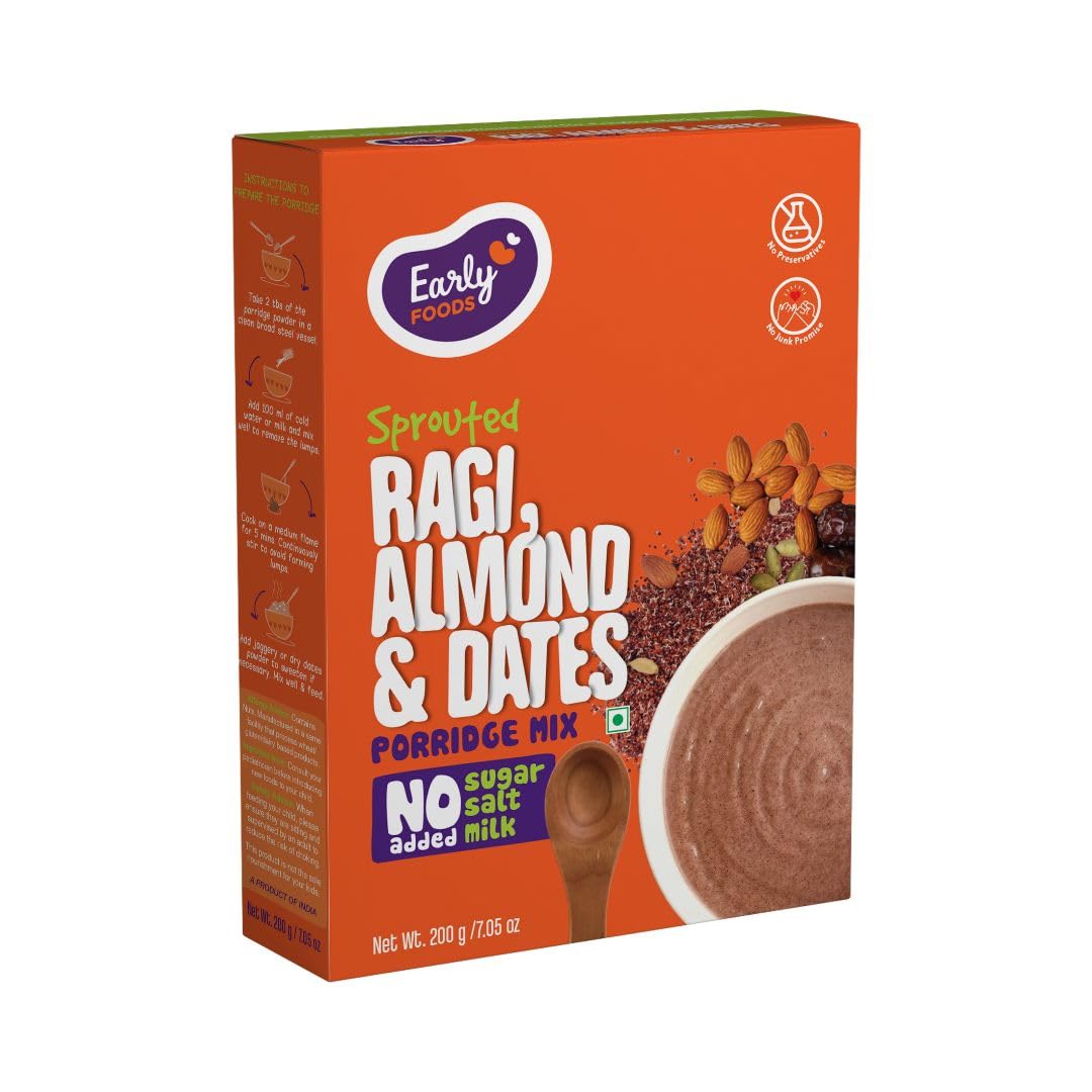 Early Foods – Sprouted Ragi Cereal with Almonds & Dates | No Added Sugar, No Salt, No Milk Porridge mix | Sprouted Ragi Flour/Naachni Flour | 200g