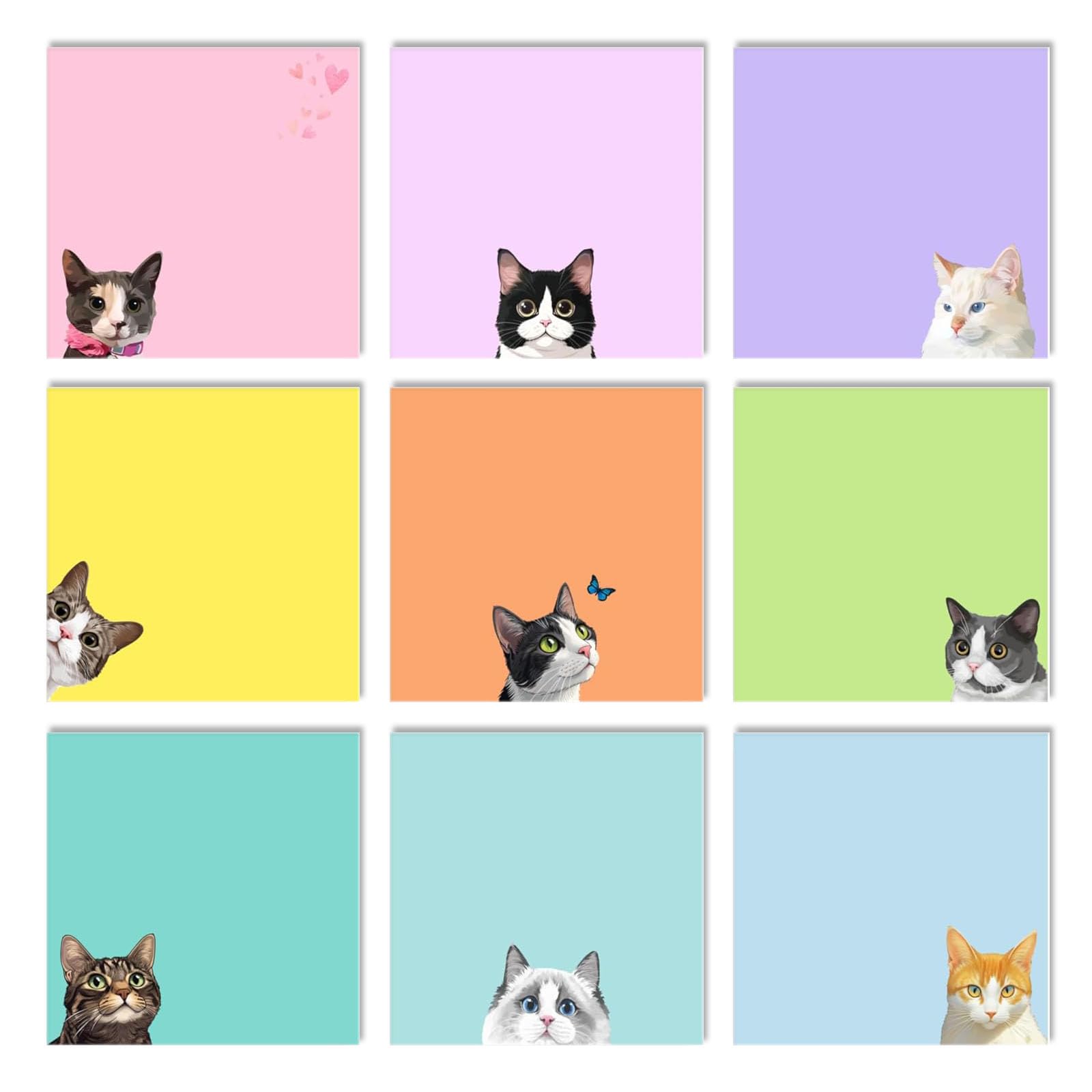 Wonninek 9Pads Black Cat Sticky Notes, 450 Sheets 76x76mm Kawaii Memo Pads – Removable Stationery for Office, School, Pet Lovers, Gift Idea