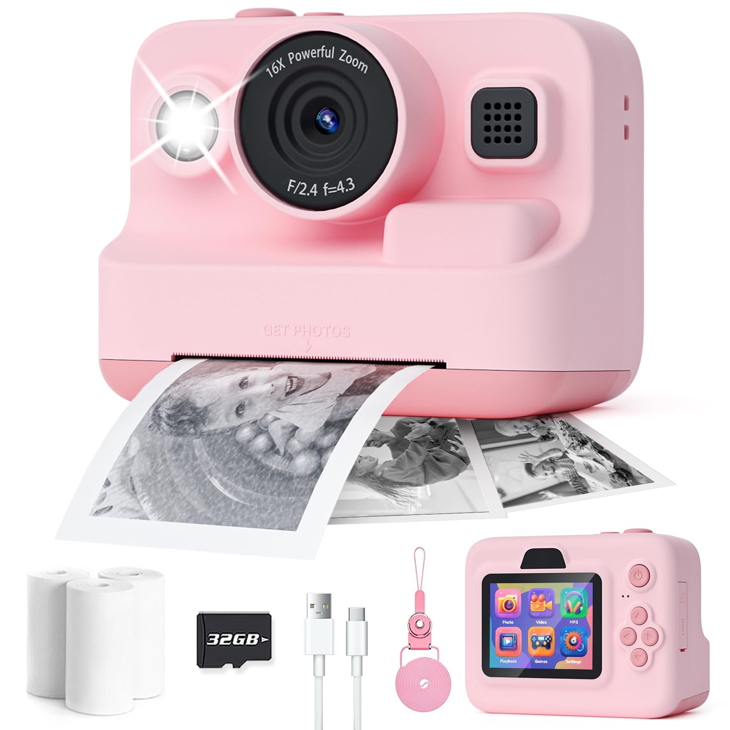 Kids Camera Instant Print,1080P Kids Instant Cameras That Print Photos,Christmas Birthday Gifts for Girls Age 3-12,Portable Toy for 3 4 5 6 7 8 9 10 Year Old Girls Boys Pink