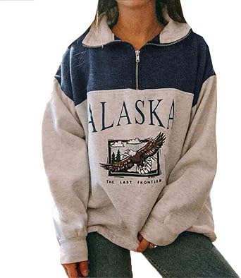 Women Novelty ALASKA Letter Print Sweatshirt Vintage Zipper Long Sleeve Loose Lapel Hoodie Pullover