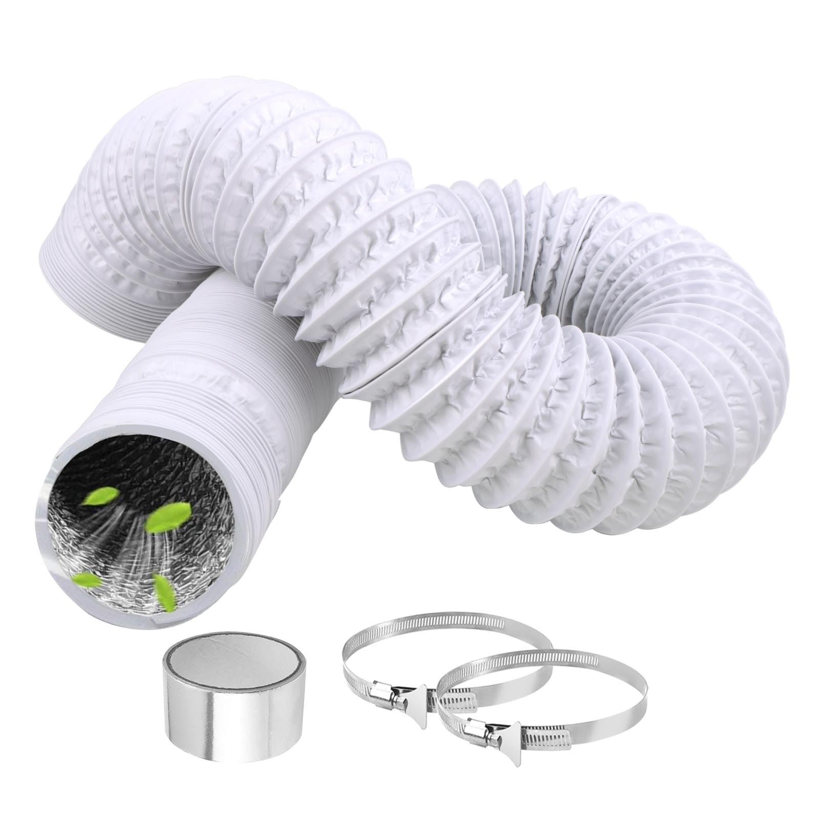 80mm Tumble Dryer Vent Hose 4.2m Long PVC Aluminium Flexible Ducting Hose with 2 Clamps,1 Volume Tape White Air Ducting Vent for Air Conditioner HVAC Ventilation
