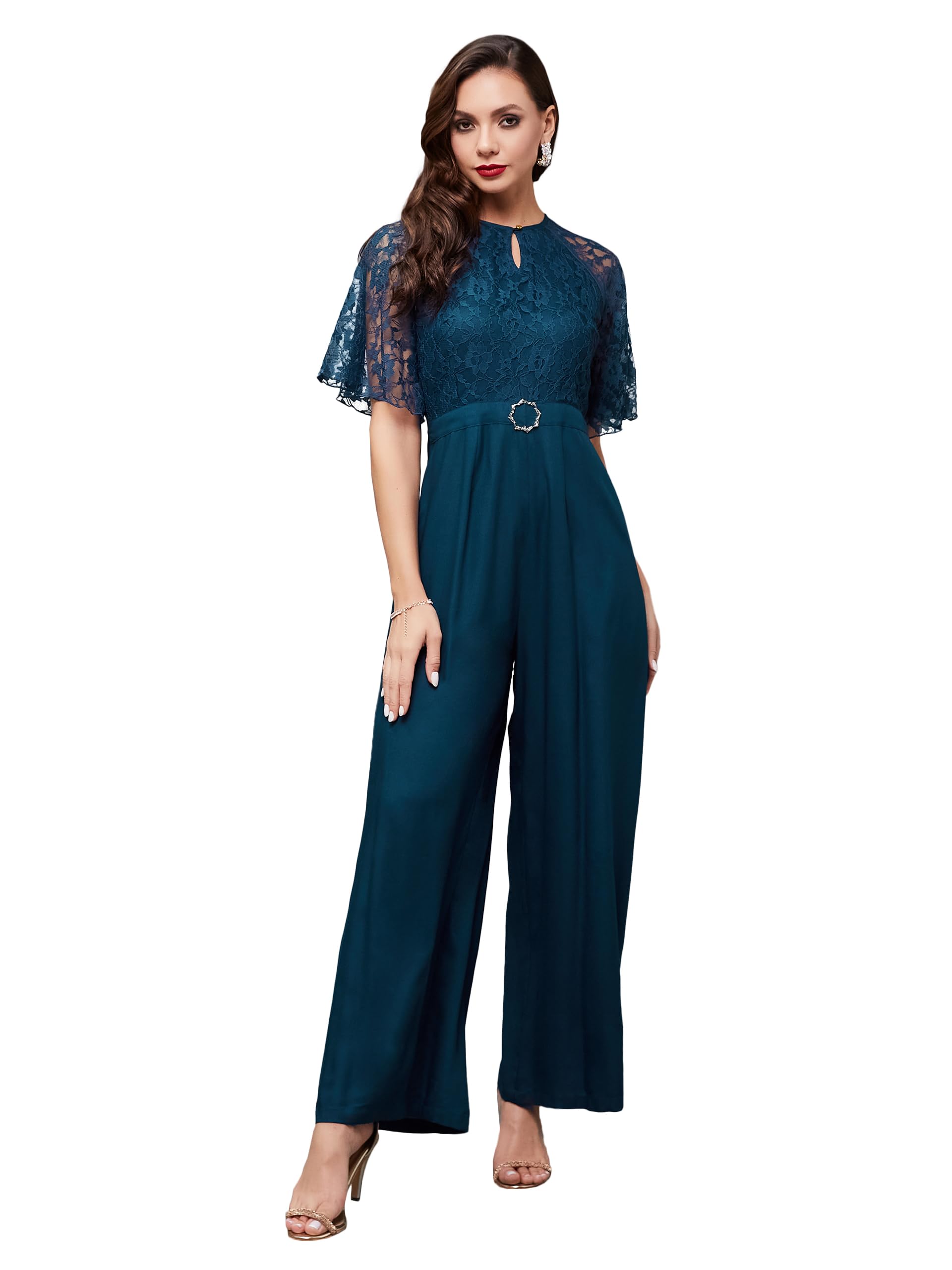 Women's Round Neck Flared Sleeve Floral Raglan Regular Jumpsuit with Pockets