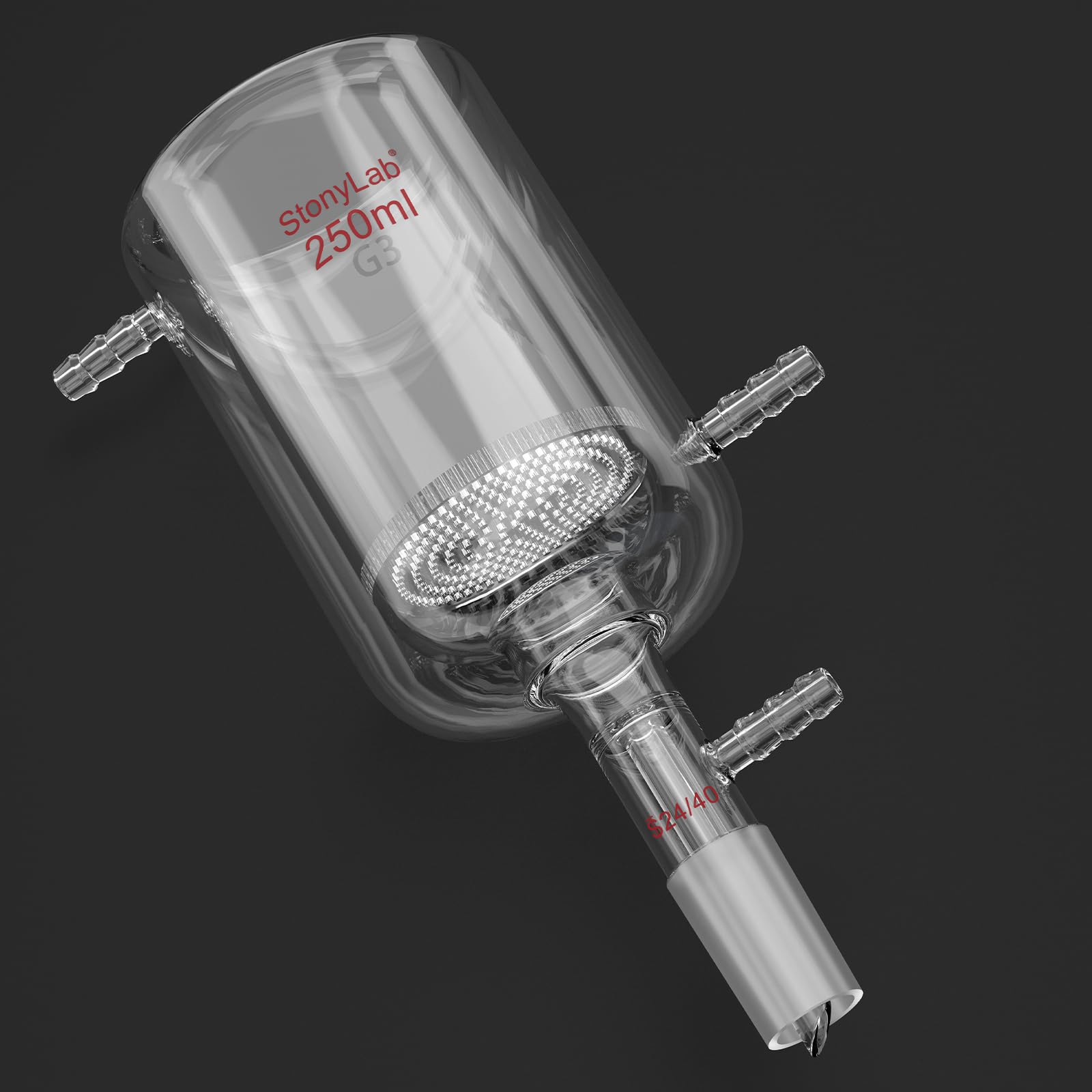 stonylab Embudo Buchner de Vidrio con Camisa y Disco Fritado de 1,5 mm, 250 ml, Unión 24/40 y Conexión de Manguera de 10 mm para Filtración al Vacío en Laboratorio
