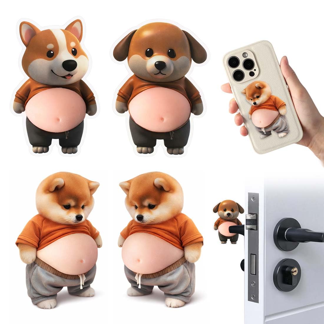 ZENQARI 4 Stück Türstopper Sticker aus Gummi & PVC – Braune Shiba Inu Hundekopf Aufkleber als lustiger Türanschlag und Handy-Sticker für Zuhause