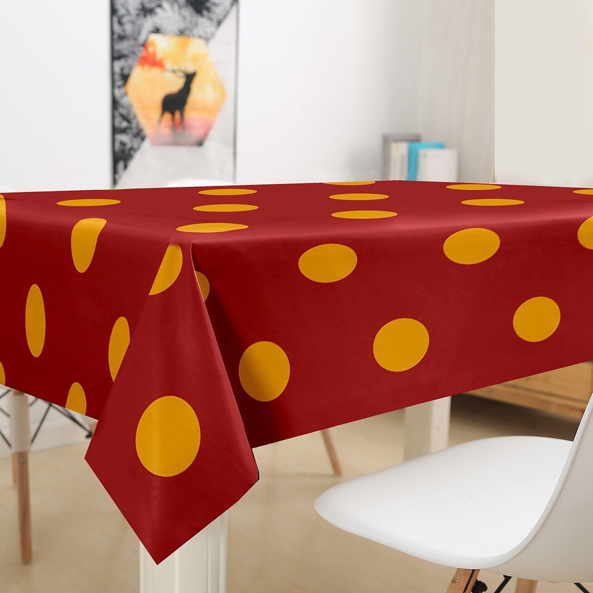 Manfei Polka Dot Tablecloths,Geometric Round Spot Table Cover,Warm Retro Simple Table Cloth,Red Yellow Table Accessories for Kitchen,Round 55" image 3