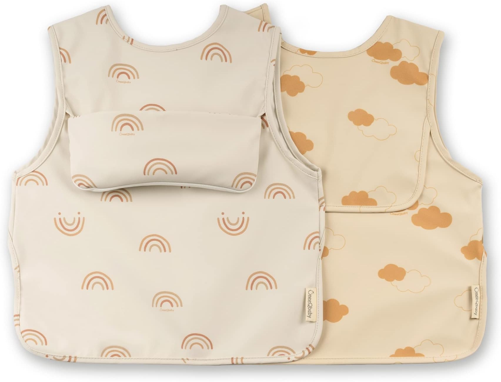 ÜneeQbabyWaterproof baby and toddler bibs - Pack of 2, sleeveless Oeko-TEX Certified for feeding and messy play with chest pocket, coverall mock, adjustable button closure(Large - Rainbow and Clouds)