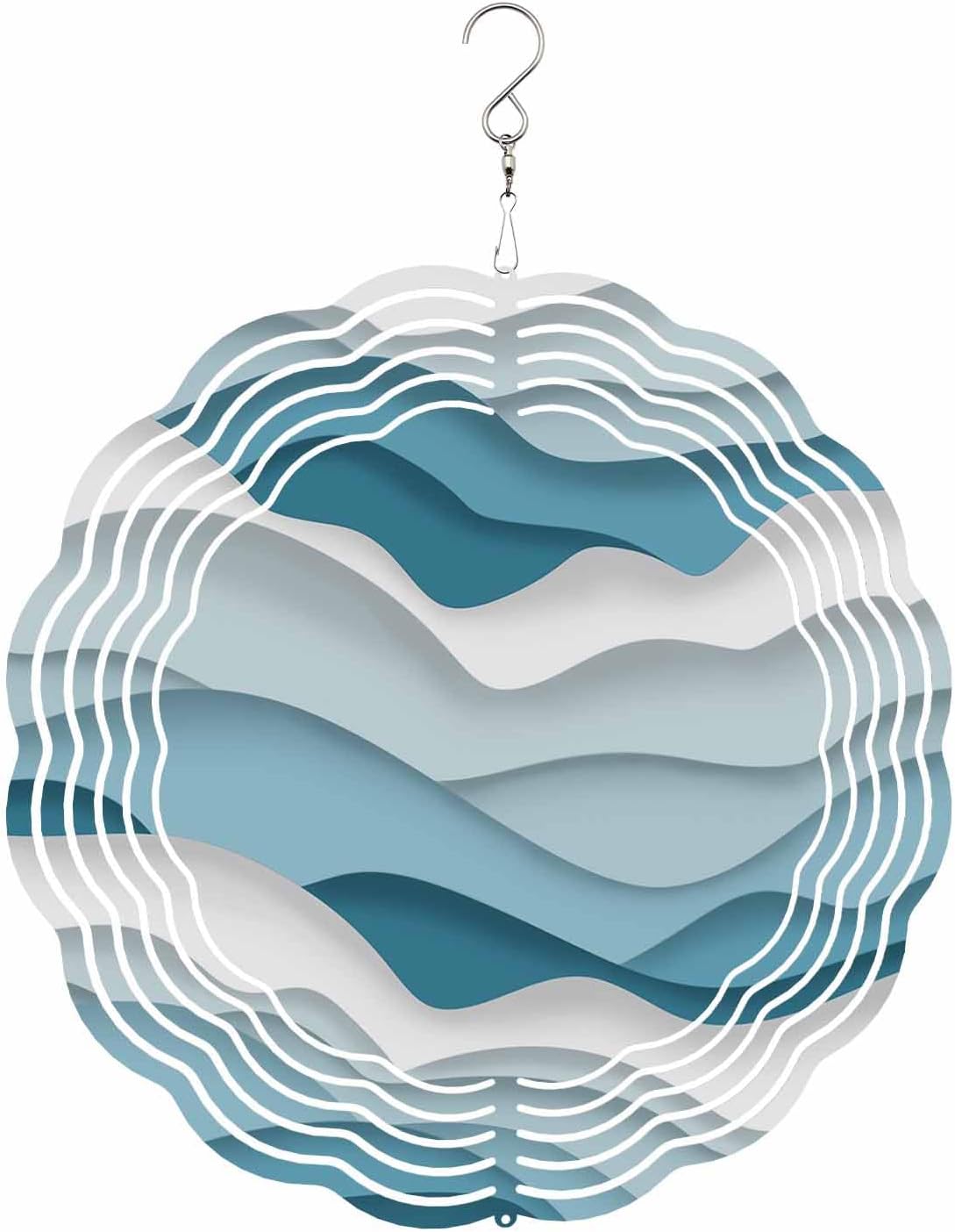 Abstract Wind Spinners, Modern Geometric Ombre Turquoise Ocean Wave Stripe Hanging Wind Spinners for Yard and Garden 3D Stainless Steel Metal Sculptures Crafts Ornaments 12 Inch
