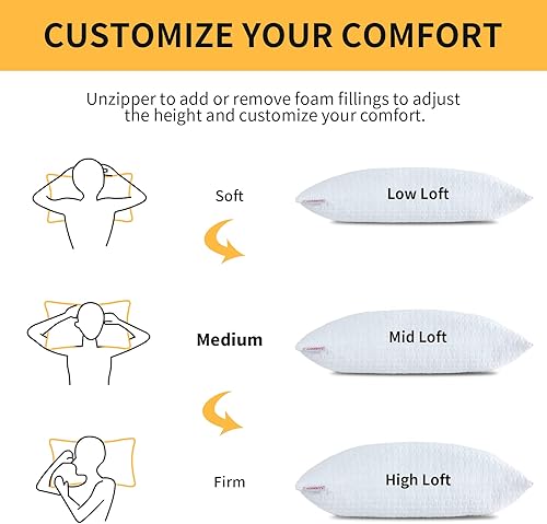 Miniatura 4 de HOMBYS 2 almohadas de cama extra firmes para dormir, almohadas de espuma viscoelástica trituradas tamaño estándar, para dormir de lado, espalda,