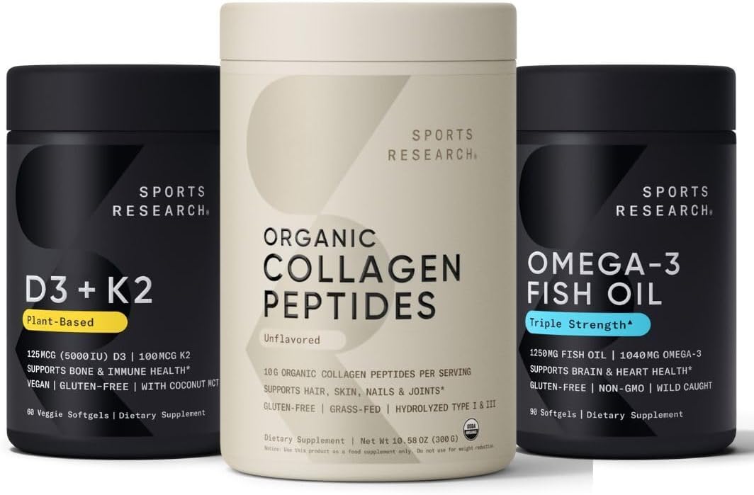 Sports ResearchVitamin D3 + K2 (5000iu), Organic Collagen Peptides (Unflavored) and Triple Strength Omega 3 Fish Oil (1250 mg)