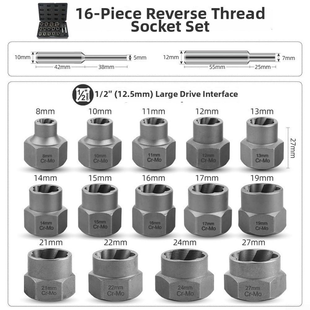 Set di estrattori di bulloni di precisione con bussole a spirale inversa nelle misure 6, 8, 10, 12, 14, 17, 19, 22 e 27 mm, con adattatore per punte da trapano (16 pezzi)