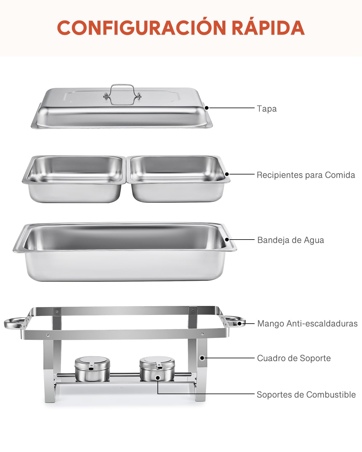 Wilprep Juego de 6 Calentadores de Comida para Buffet, Acero Inoxidable 9L, con 2 Bandejas de Calefacción, Chafing Dish para Catering, Eventos y Fiestas (6PCS 12XGN1/2)