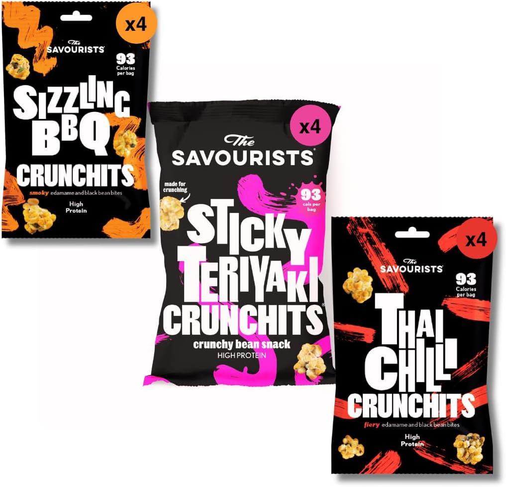 The Savourists Savoury Healthy Snacks | Low Calorie | High Protein | Vegetarian | High Fibre | Gluten Free | Thai Chilli, Teriyaki & BBQ Crunchits Variety Pack (12x25g)