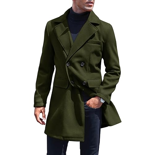 Zhaovi's Mens Slim Fit Trench Coat Double Breasted Pea Coat Mid Long Casual Business Fall Winter Overcoat
