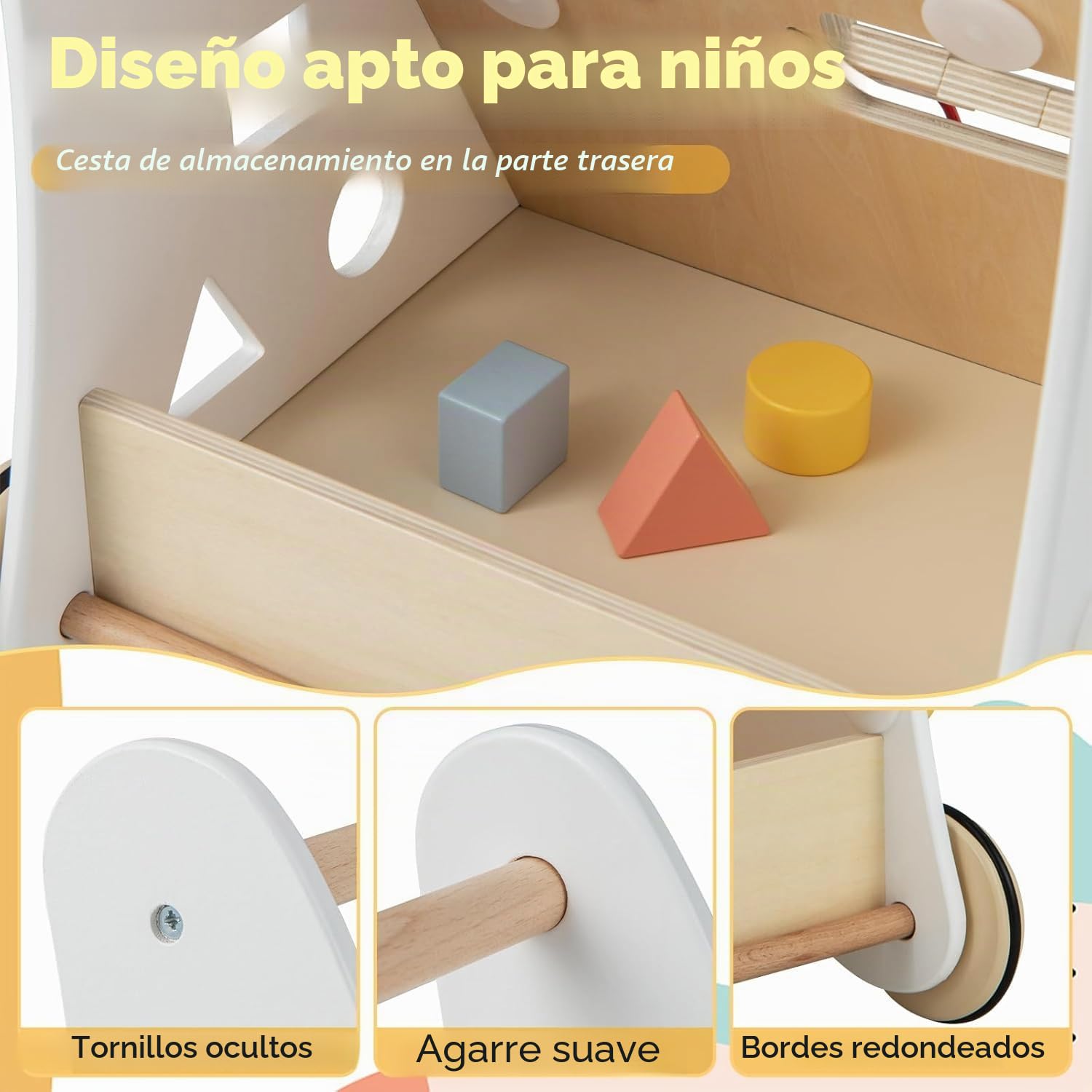 FANTASK Andador 7 en 1 de Madera, con Caja de Almacenamiento, Color Blanco, con Tablero de Juego, Espejo y Bloques de construcción, para bebés a Partir de 1 año
