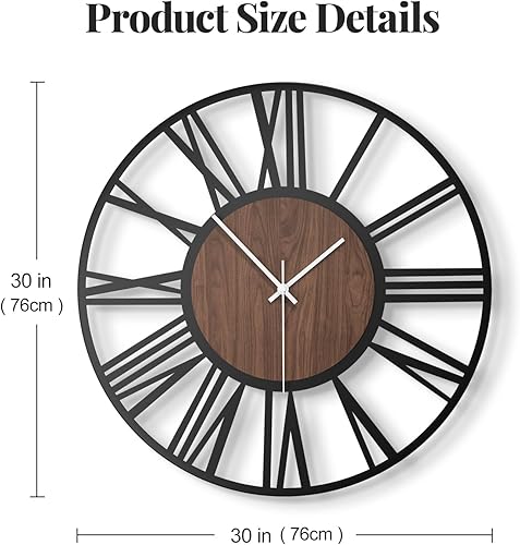 Miniatura 7 de Reloj de pared extragrande de 30 pulgadas, moderno, funciona con pilas, silencioso, sin tictac, de 30 pulgadas, decorativo, de madera, metal, reloj