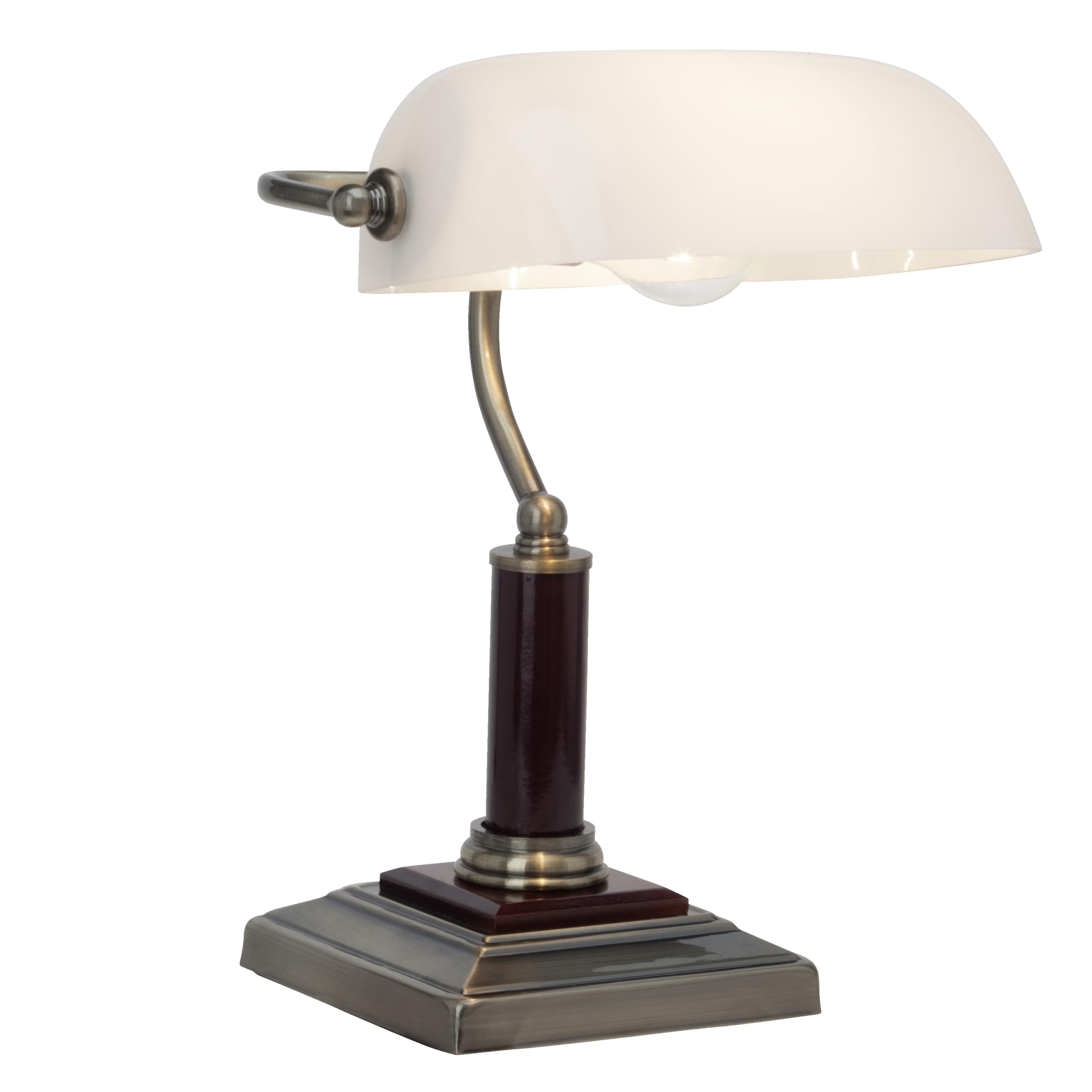 Lightbox Lampada Banker con testa girevole e interruttore a bilanciere | 34 cm di altezza | lampada da tavolo classica con paralume Michglas | in vetro/metallo/legno di quercia in ottone/oro /