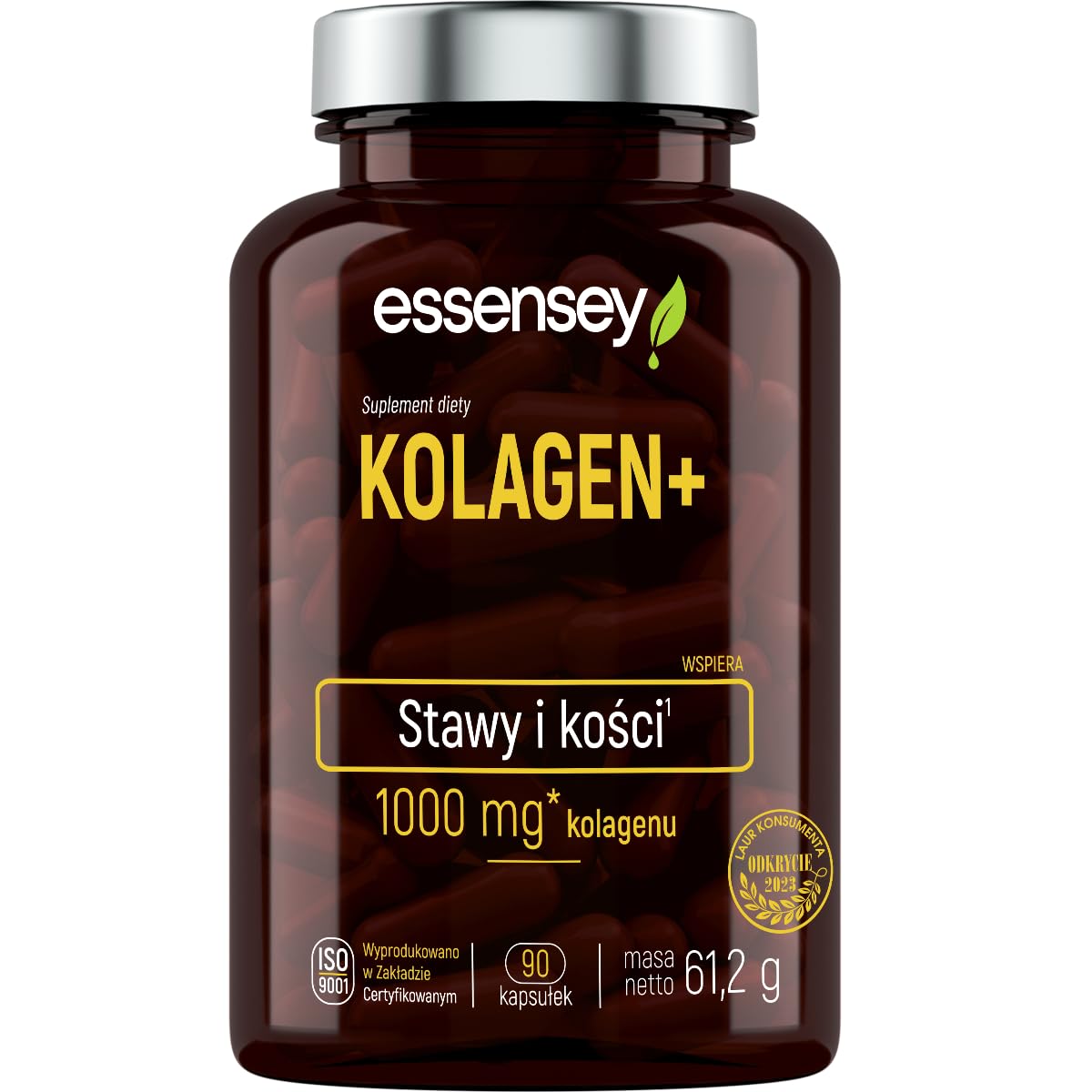 ESSENSEY - Kolagen I 1000 mg w porcji dziennej I 90 Kapsułek I Witamina C 61 mg I Hydrolizowany Kolagen Typu I SOLUGEL® I 45 Dniowych porcji I Łatwe do połknięcia