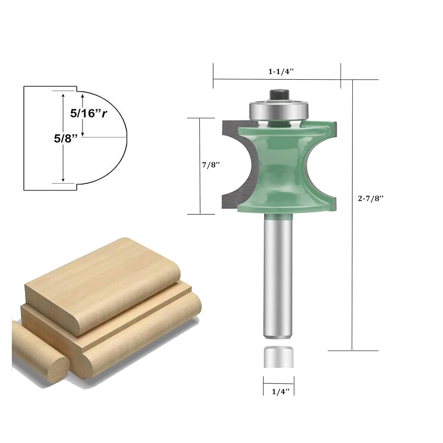 OLETBE 5 PCS Router Bit Set, 1/4-Inch Shank Round Over Panel Cabinet Door Rail and Stile Router Bits, Woodworking Wood Cutter, Wood Carbide Groove Tongue Milling Tool (Green)
