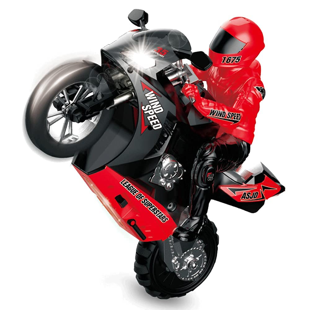 DOUKIKI Remote Control Stunt Motorcycle 2.4G Drift Rotating Motorcycle High Speed Side Cross-Country One-Wheel Electric RC Motorcycle Model Toy Car Children's Gift (Color : Red)