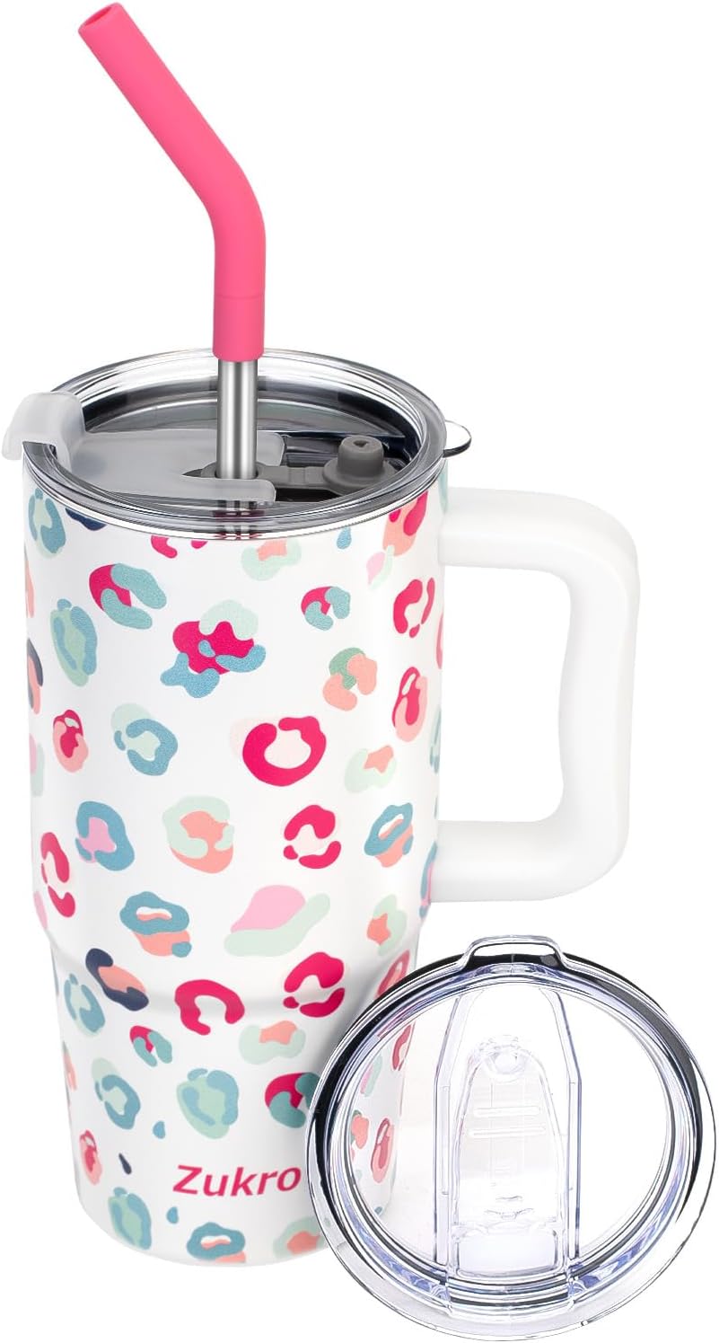 Zukro 24 oz Tumbler with Handle and Straw, Insulated Leak Proof Coffee Travel Mug with 2 Lids, Keep Drinks Hot or Cold, No Sweat Stainless Steel Cup for Home/Office/Car, Dishwasher Safe