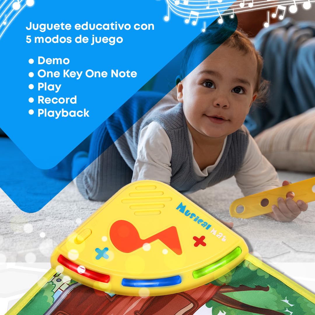 NK Alfombra Musical para Bebé con 8 Sonidos de Animales LED - Piano Infantil Juguete para Niños 3 4 5 años, Regalo Original Montessori Cumpleaños Navidad, Plegable, Función Record/Playback (110x36cm)