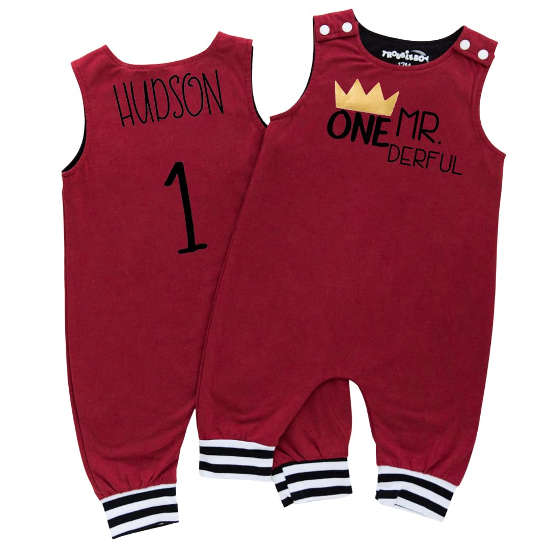 Mr Onederful Black Romper with Striped Cuff Personalized 1st Birthday Outfit for Boys. (2T/24 Months, Black)