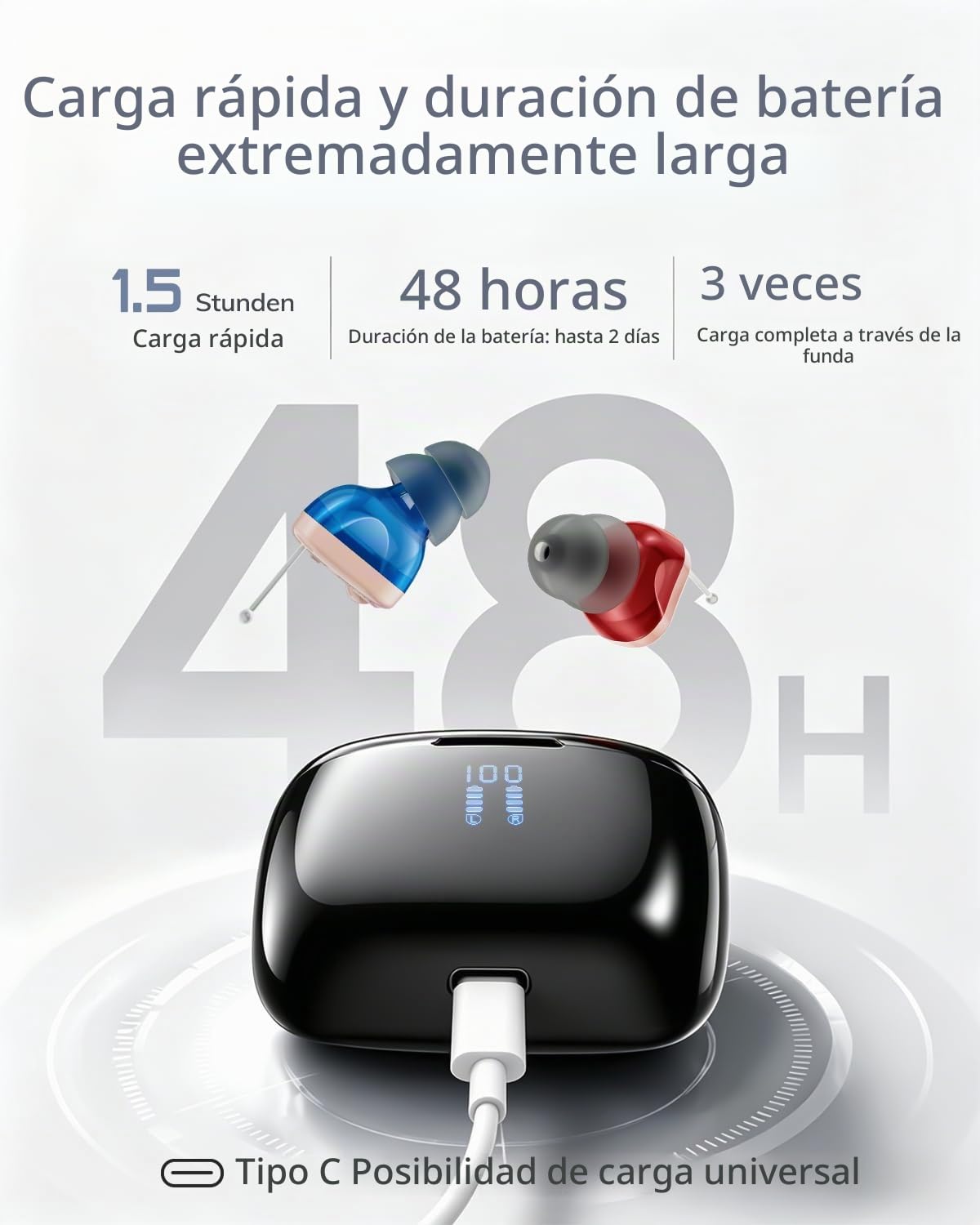 Dispositivo de sonido intrauditivo para adultos: Diseño discreto, estuche de carga con LED y 18 horas de autonomía