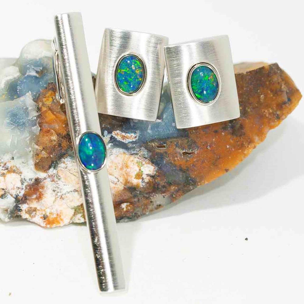 MOUNTAIN VIEW Cuff Links & Tie Clip Set | Genuine Blue Green Opal Gemstones | 925 Sterling Silver | Limited Edition Men’s Luxury Jewelry | Unique Gift for Wedding, Anniversary, Business, or Formal Wear image 4