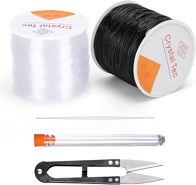 SOSPIRO 100m Elastic Cord String for Bracelets Crystal String Stretch Line 0.8mm Clear Elastic Bead Cord for Jewelry Necklace Bracelet Beading Thread, White Black, 50m per/roll, 2 Roll