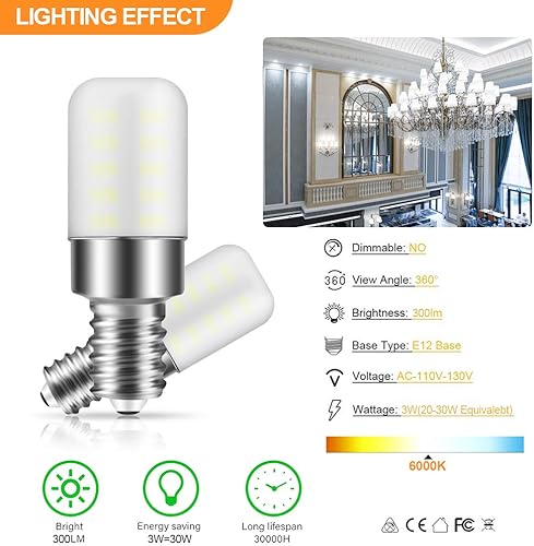 Miniatura 2 de Bombillas LED E12 de 3 W E12 equivalentes a bombillas halógenas de 25 W, 120 V, luz blanca diurna, 6000 K, base de vela, bombilla C7 para