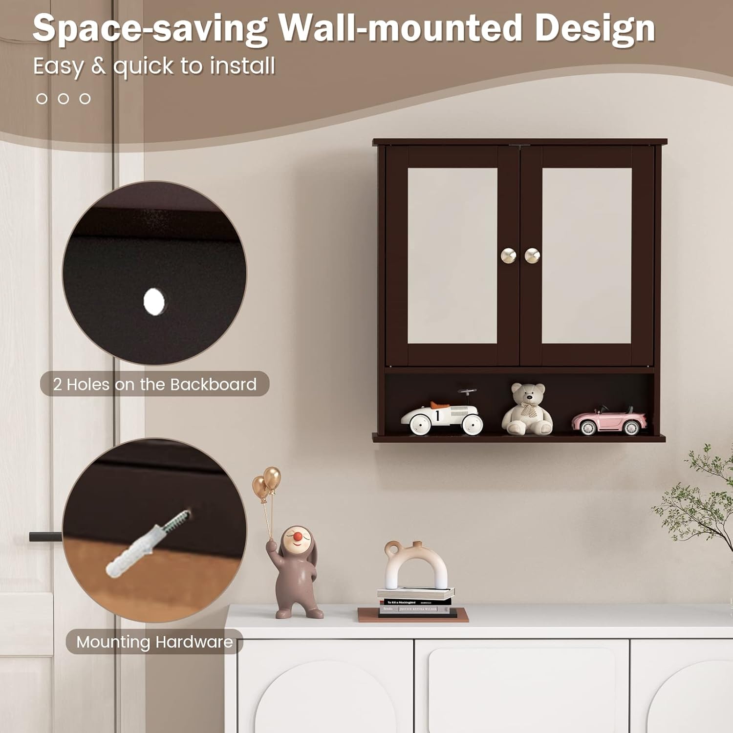 Close-up image showing the two pre-drilled holes on the backboard of the cabinet and an example of mounting hardware (wall anchor).