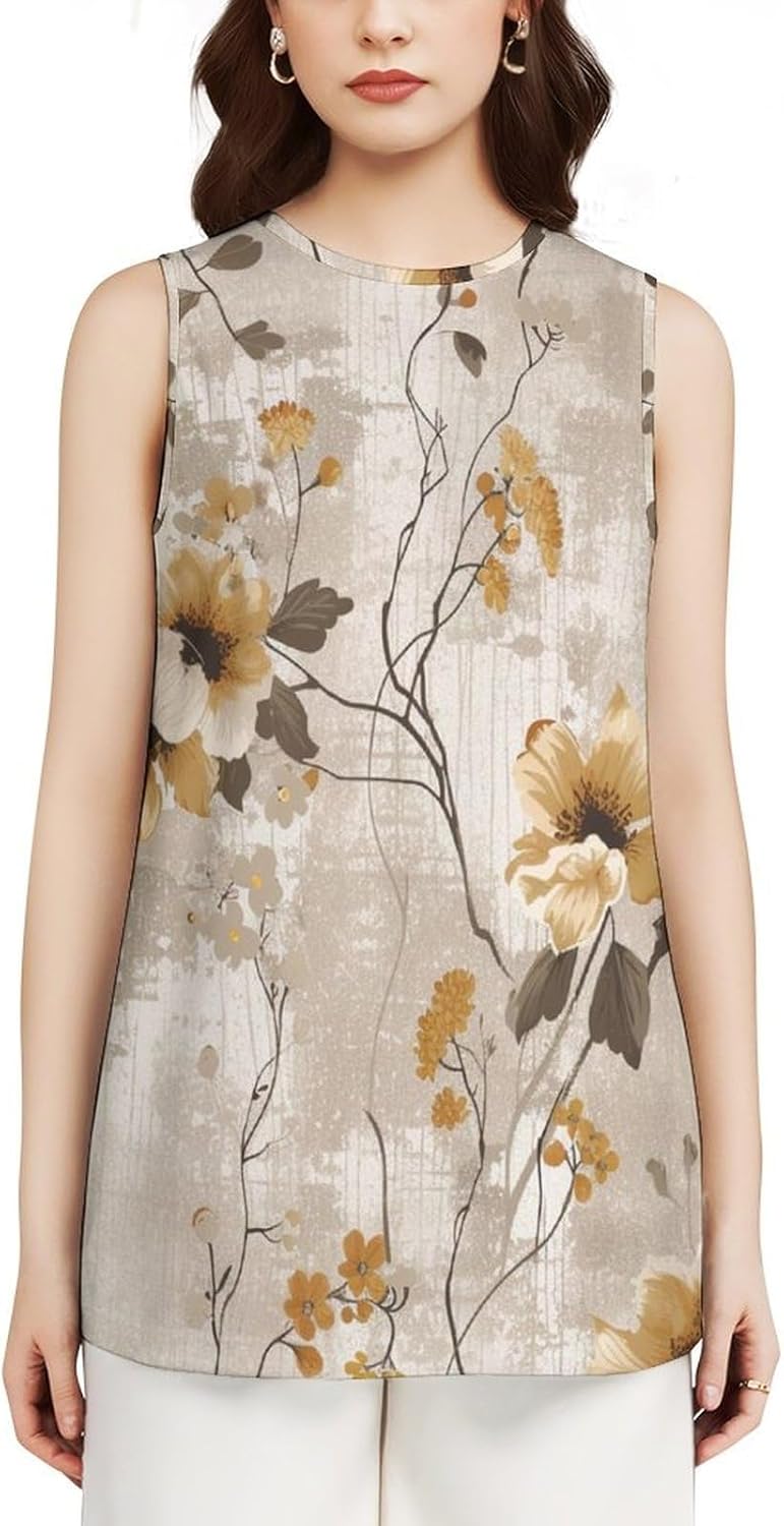 Flower Tank Top for Women Novelty Crew Neck Oversize Vintage Outdoor Sleeveless Blouses for Women