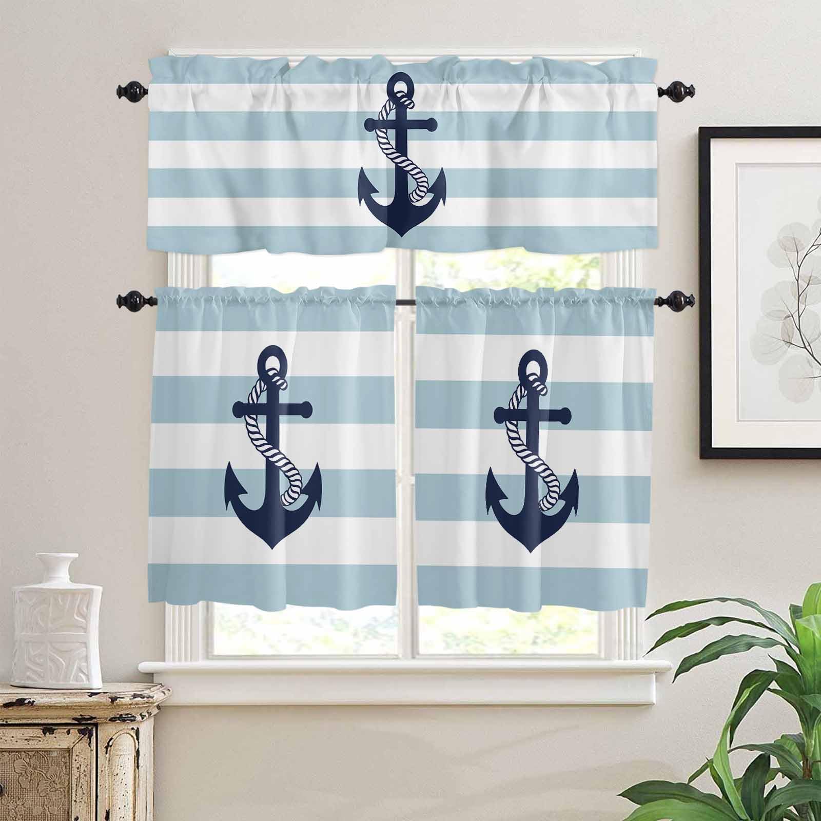 Aqua Stripe Nautical Kitchen Curtains 36 Inch Length, 3 Piece Rod Pocket Small Half Tiers and Valance Set, Navy Blue Anchor Summer Coastal Small Large Window Treatment Decor for Bedroom/Bathroom Sink
