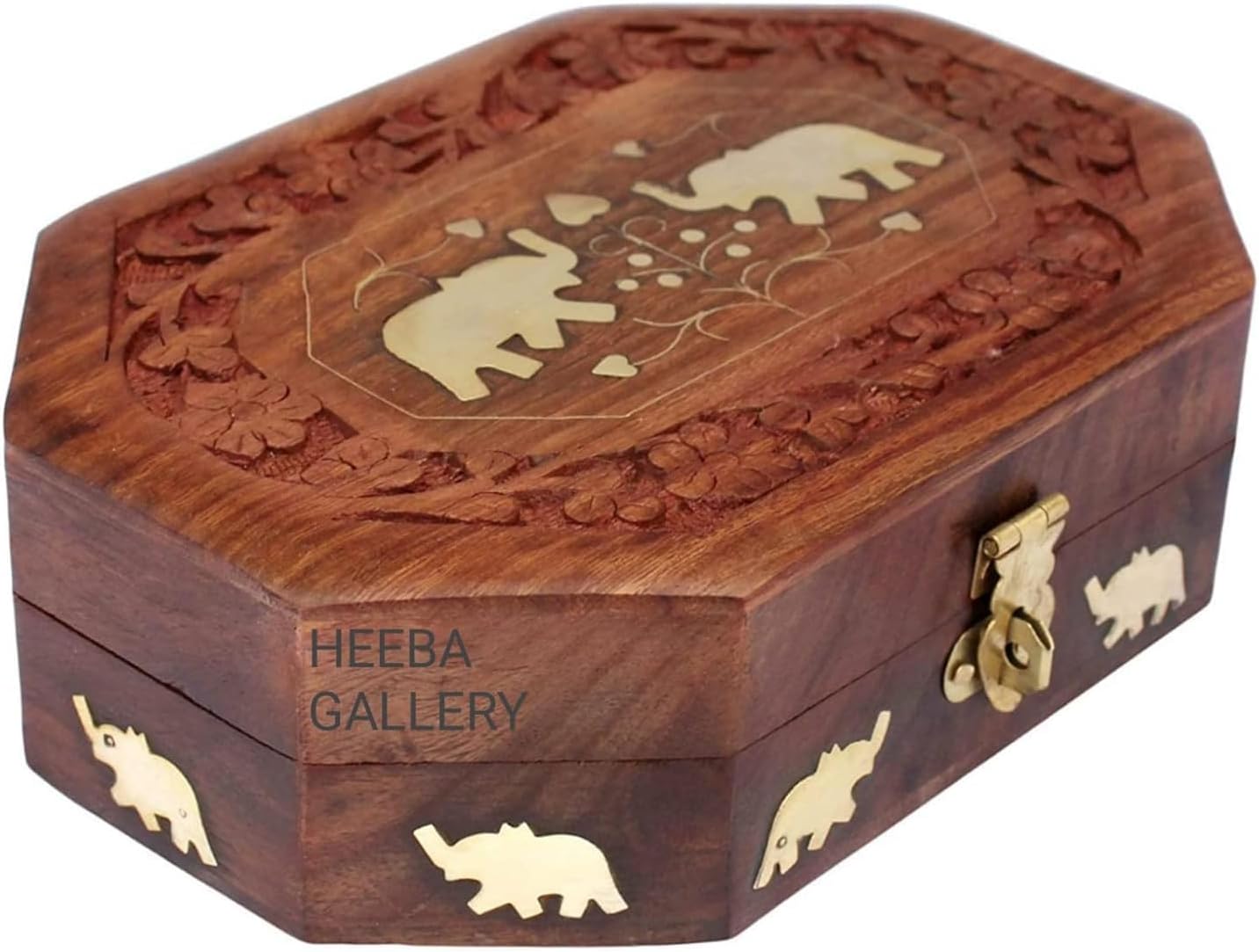 Fine Art Wooden Jewellery Box for Women Jewel Organizer Hand Carved Carving and Brass work Gift Items // 10 x 6 Inches // FAS49