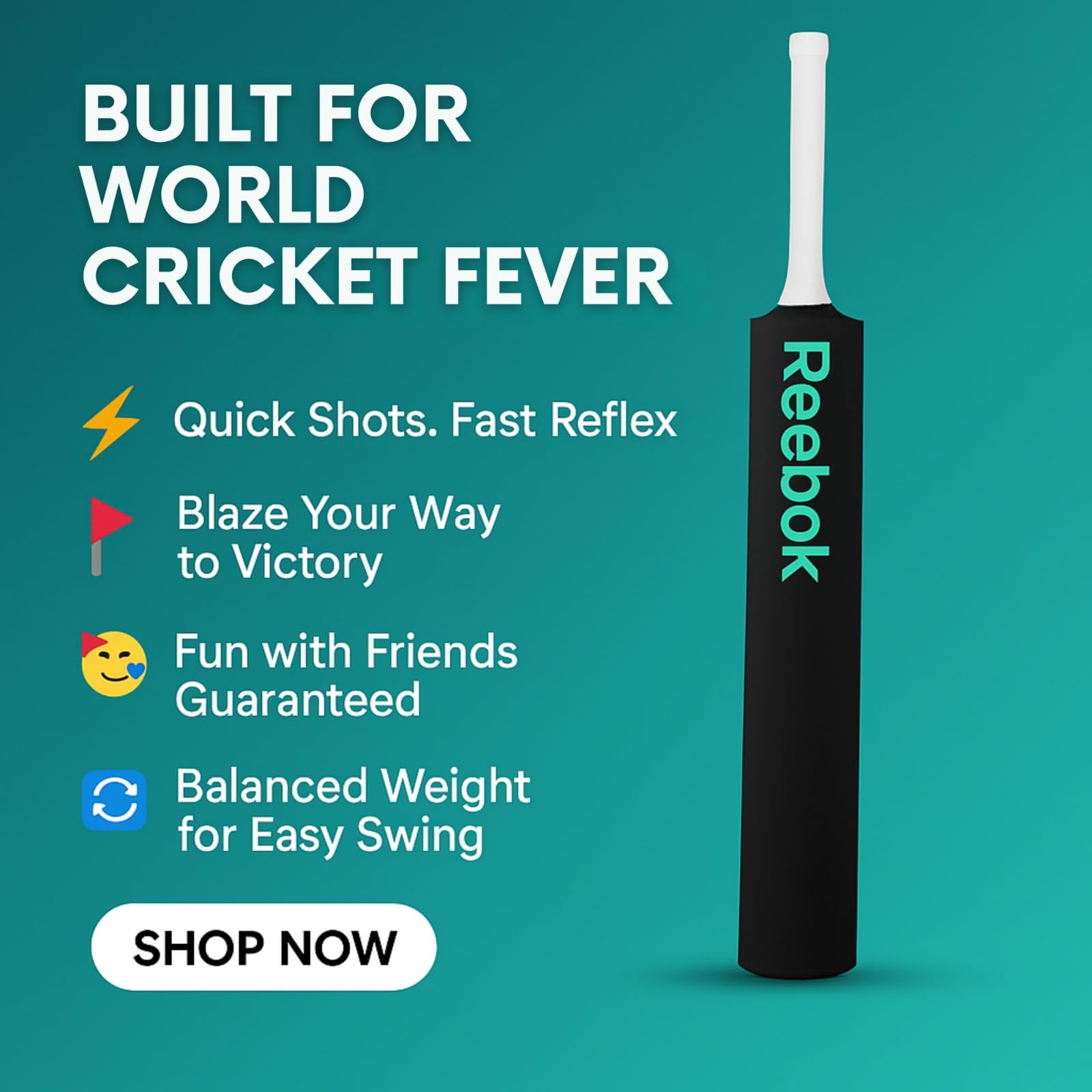 Reebok Blaze Batte de cricket en plastique – Taille complète 86,4 x 11,4 cm, PVC léger, design durable pour l'entraînement et les jeux récréatifs, convient aux enfants de 15 ans et plus (vert)