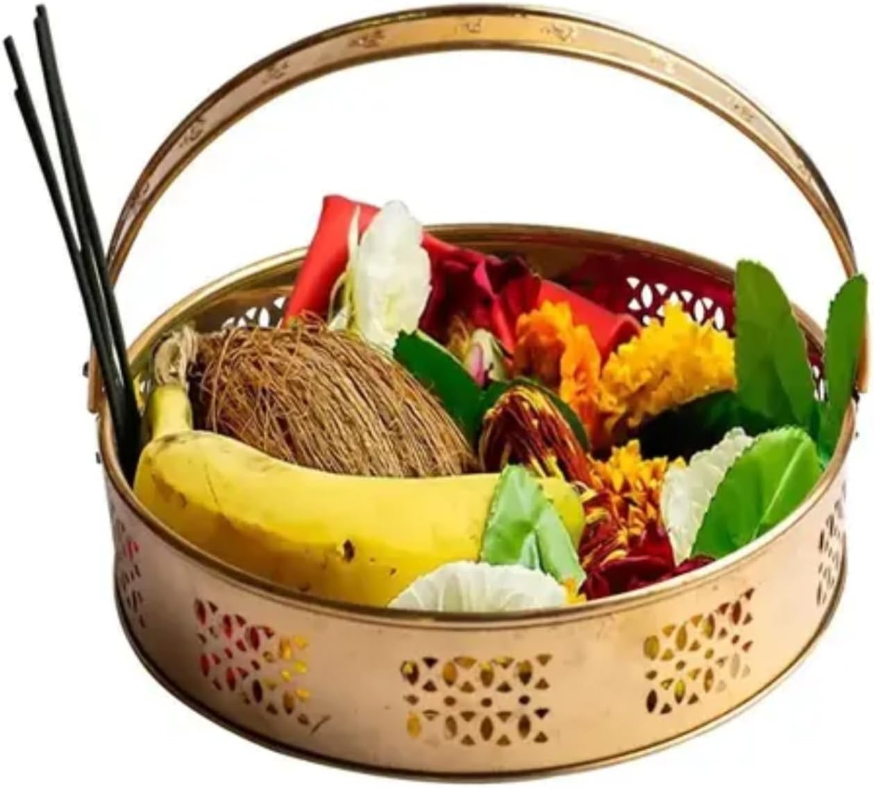 Decorative Metal Basket with Handle, Gold Filigree Design, Traditional Style Floral Container for Fresh Flowers and Arrangements