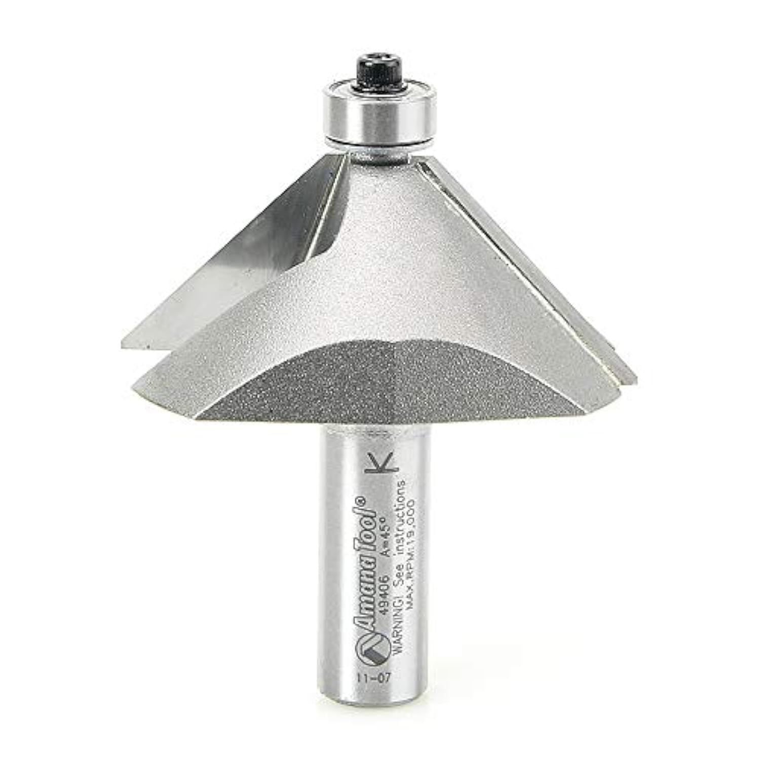 Amana Tool 49403 Carbide Tipped Chamfer 45 Degree x 1-3/8 D x 7/16 CH x 1/2 Inch SHK w/Lower Ball Bearing Router Bit