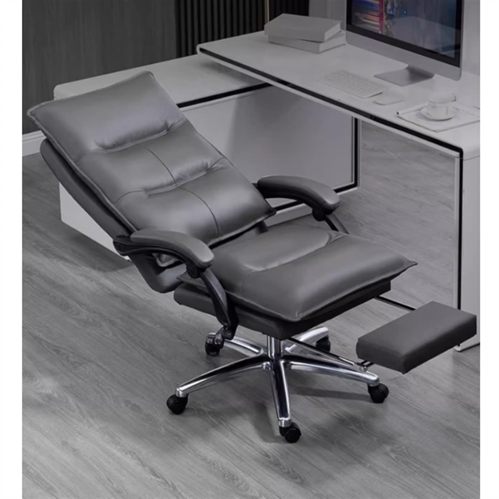 Ergonomiczne krzesło biurowe z wysokim oparciem, skórzane, biurko i krzesło dla graczy, regulowane, obrotowe, do domu i biura, szare
