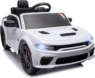 Electric Car for Kids,Licensed Dodge Charger SRT Hellcat Ride on Car,3.1mph Max Speed,12V 7A Kids Electric Vehicle with Remote Control,Music,LED Light,Bluetooth (White)