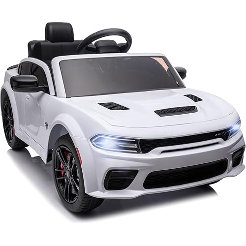 Electric Car for Kids,Licensed Dodge Charger SRT Hellcat Ride on Car,3.1mph Max Speed,12V 7A Kids Electric Vehicle with Remote Control,Music,LED Light,Bluetooth (White)