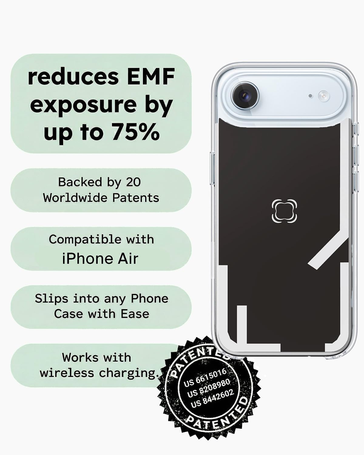 EMF Cell Phone Insert for iPhone Air, Advanced Alara 5G Mobile Technology & MagSafe Compatible, for Everyday Protection - USA Developed Case Sticker with 20 Patents – Black