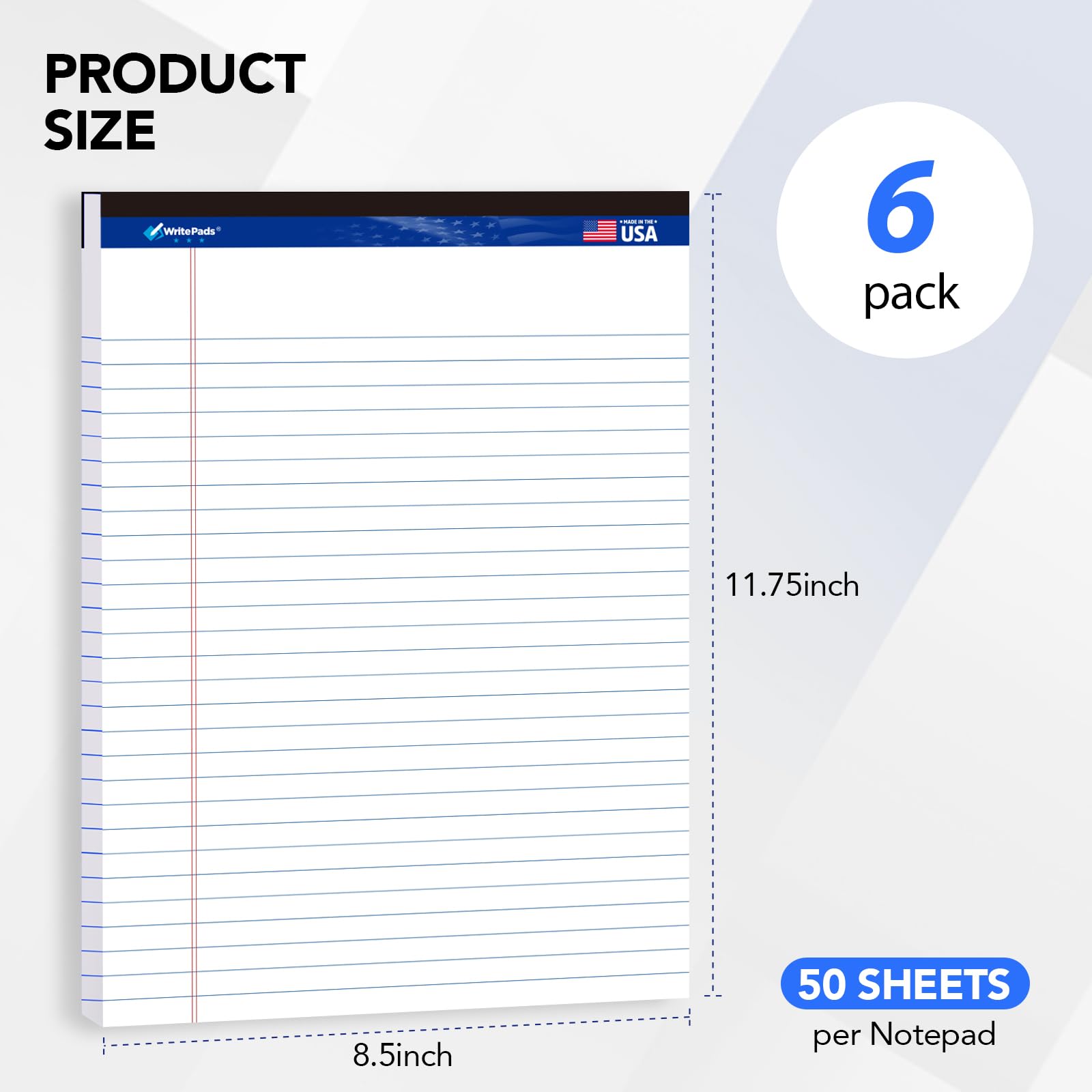 WritePads Podkładka prawna 8,5 x 28 cm, szeroka podkładka do pisania, biały papier, 6 sztuk, 50 arkuszy na podkładkę, notatnik z mikroperforacją, materiały biurowe (KSU-8331) - wyprodukowano w USA