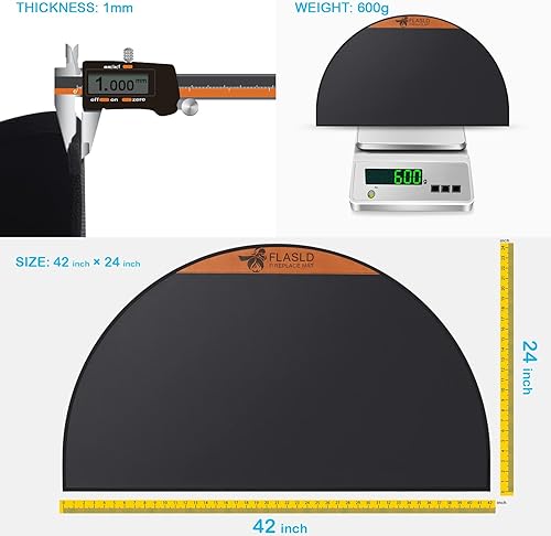 Miniatura 3 de FLASLD Alfombra ignífuga para chimenea, 28 x 48 pulgadas, media redonda, protege los suelos de chispas, negro con etiqueta blanca