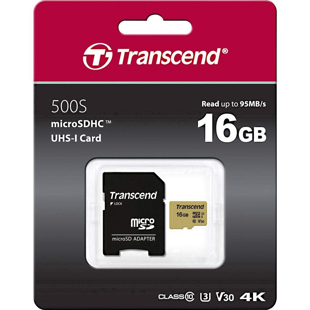 Transcend Tarjeta de Memoria microSDHC 500S 16GB UHS-I, C10, U3, V30, 4K, Full HD, hasta 95/80 MB/s, Diseñada para Cámaras de Acción y Drones - TS16GUSD500S