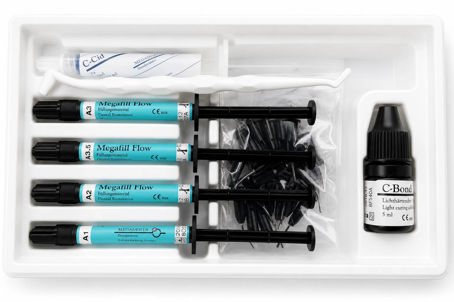 Megafill Flow Starter Kit – Kit composito fluido fotopolimerizzabile con Bonding, Gel Mordenzante ed Accessori – 4 siringhe (A1, A2, A3, A3.5) – Made in Germany