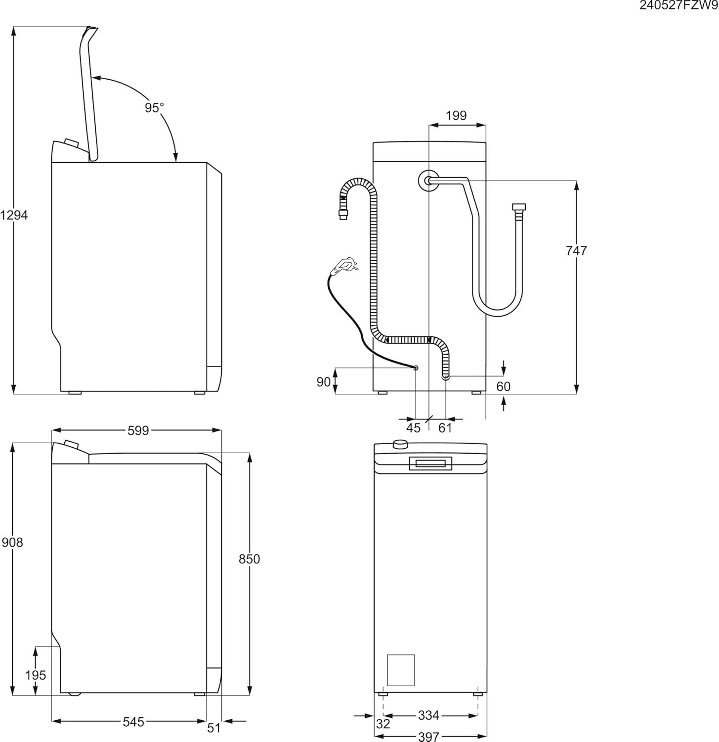 Technical drawing of Electrolux Top-Load Washing Machine dimensions