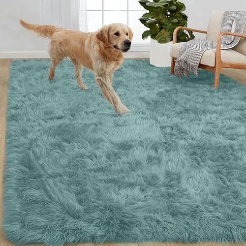 Gorilla Grip Fluffy Faux Fur Area Rug, 5x8, Rubber Backing, Machine Washable Soft Furry Rugs for Living Room, Bedroom, Baby Nursery Decor, Durable Fuzzy Throw Carpet for Dorm Floor, Spa Blue