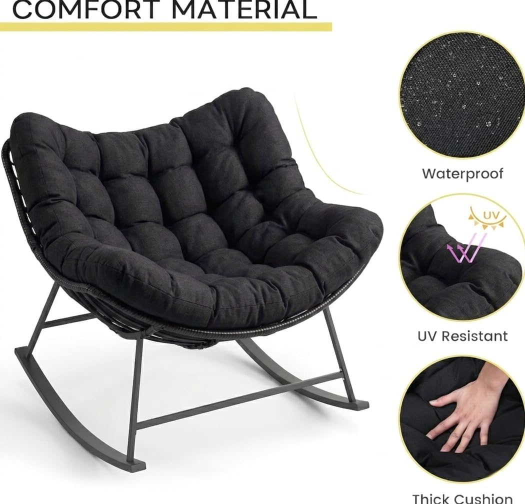Kromax Oversized Outdoor Papasan Rocking Chair, Wicker Egg Chair Rocker for Outside, Comfy Patio Rocker, Large Indoor Rocking Recliner, Modern Egg Style, Black