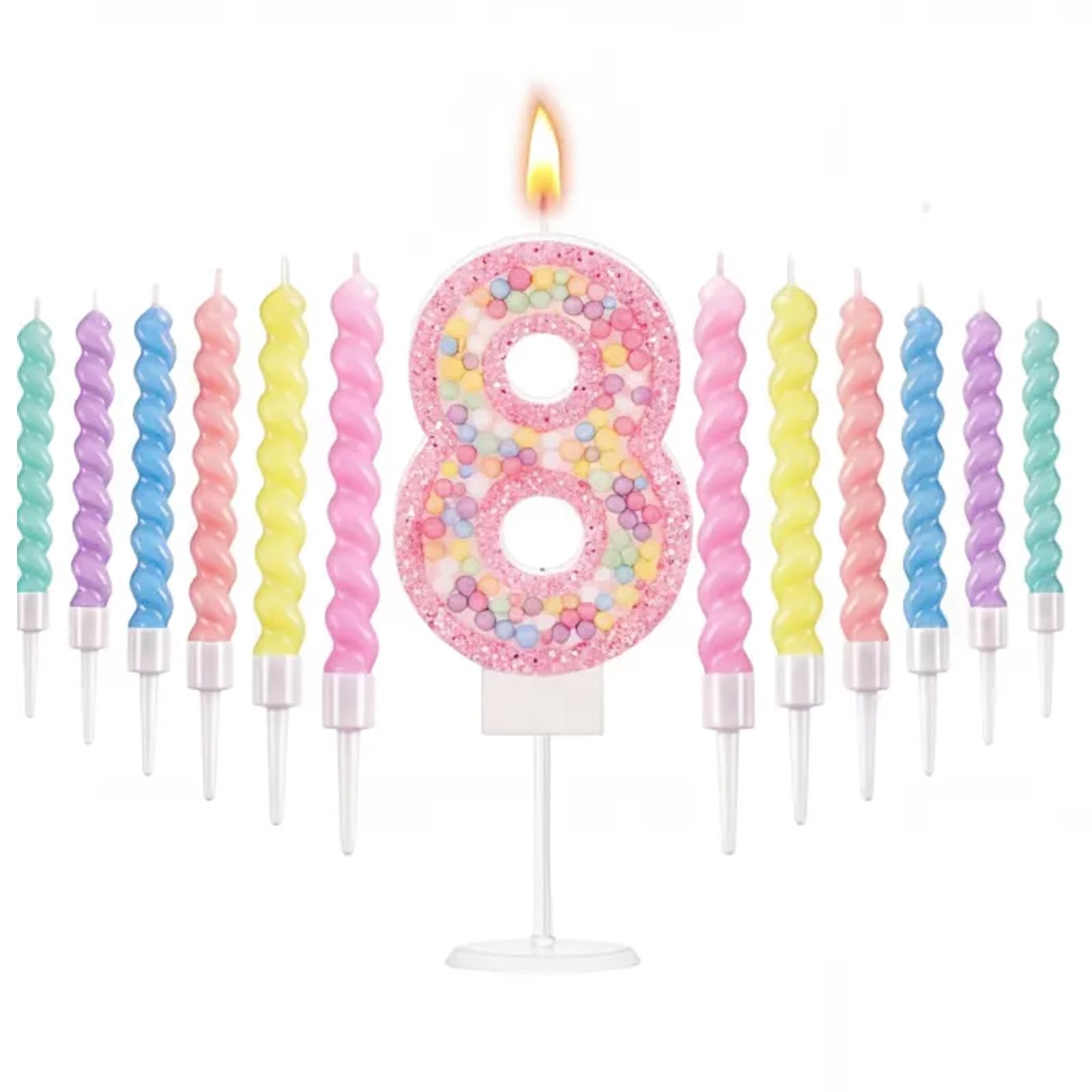 Pink Macaron 8th Birthday Candles Set, Number 8 Birthday Candle with 12pcs Spiral Candles for Girls Boy 8th Birthday Decorations, Rainbow Cake Topper for Party Decoration, Baby Showers Supplies