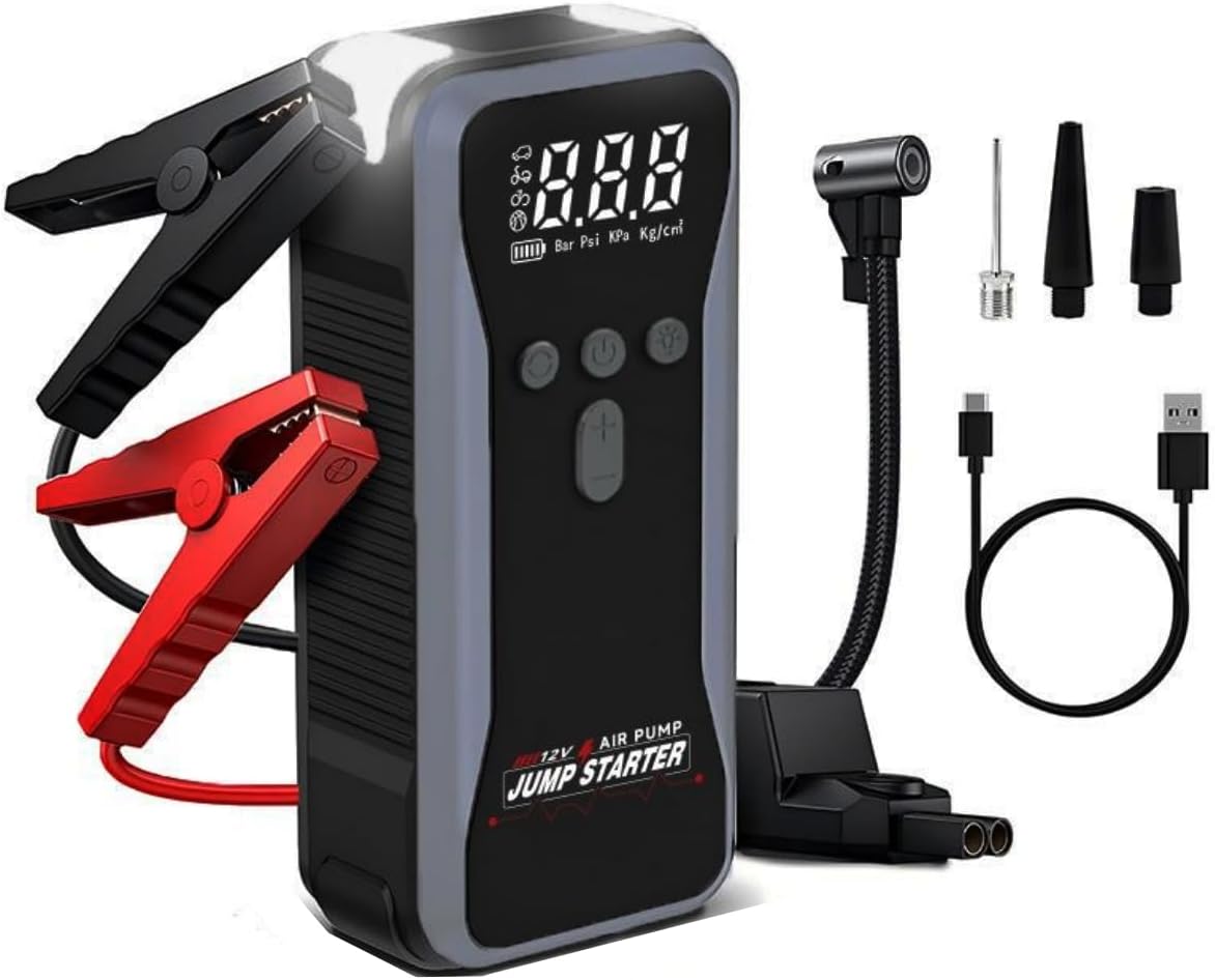 150PSI Car Jump Starter 4 in 1 with Air Compressor, 12V Portable Jump Box (All Gas/10L Diesel), Jump Pack with LED Light, Car Jumper with Jumper Cables, Storage Case (Amp Hours, 10000)